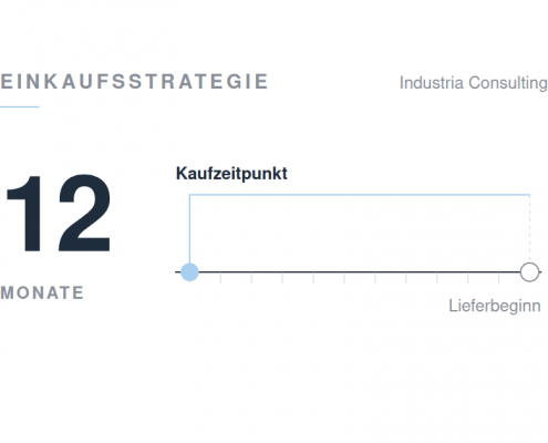 Beitragsbild: Links die große Zahl 12 mit der Beschriftung Monate. Rechts ein Zeitstrahl, der am hellblauen Punkt Kaufzeitpunkt beginnt und am offenen Punkt Lieferbeginn endet.
