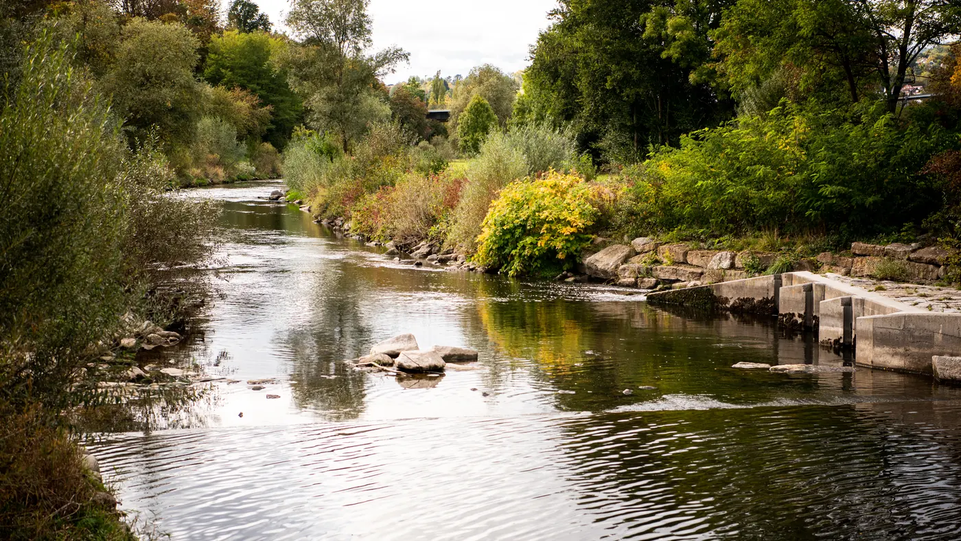 Fluss mit bewaldeten Ufern in der Region Stuttgart, im Herbst fotografiert